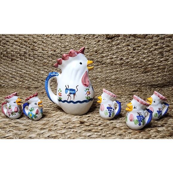 Vintage Pottery Hand Painted Rooster Pitcher Set Italy GIOVANNI VIETRI The Ants - Picture 1 of 16